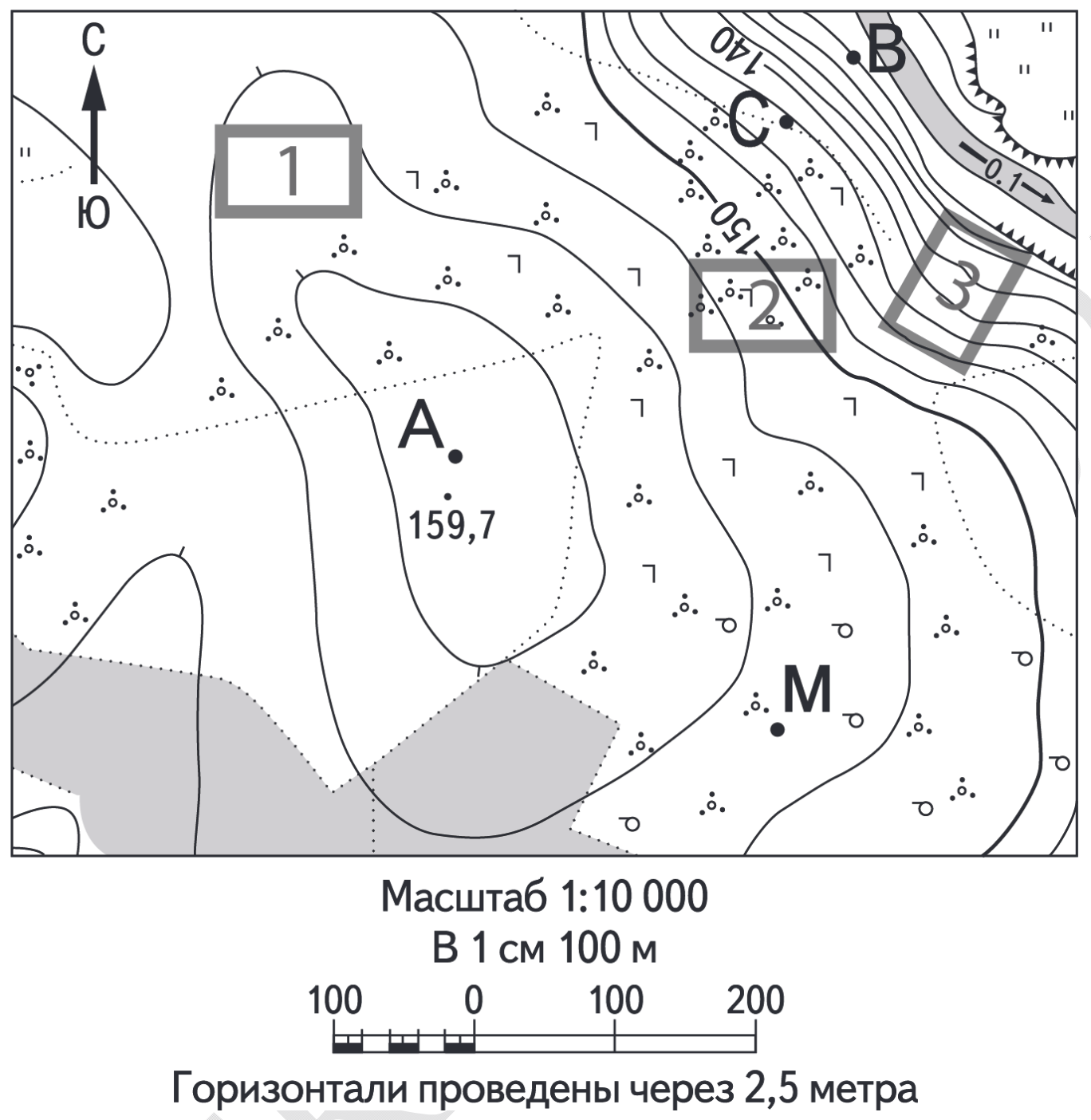 Фрагмент топографической карты (масштаб 1:10 000, в 1 см 100 м, горизонтали через 2,5 м): точки A (отметка 159,7), B, C, M, горизонтали 140 и 150, река с обрывистым берегом на северо-востоке. Участки в рамках: 1 — на северо-западе, на пологой поверхности; 2 — в центре, на склоне со значками кустарников; 3 — на северо-востоке, на крутом склоне к реке, где горизонтали идут очень густо