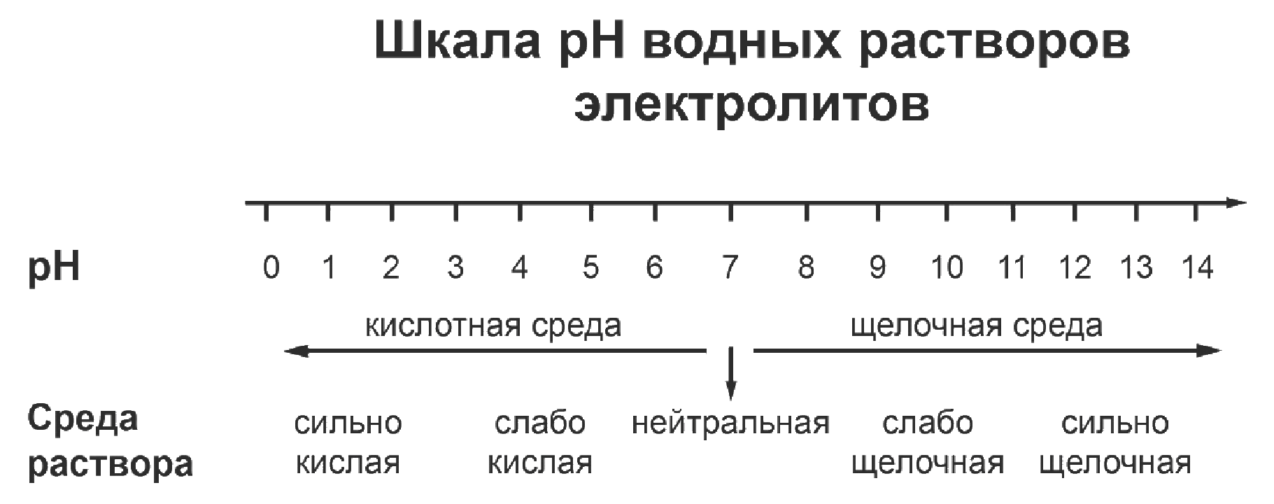 Шкала pH водных растворов электролитов: ось от 0 до 14; слева от 7 — кислотная среда (сильно кислая, слабо кислая), при 7 — нейтральная, справа — щелочная среда (слабо щелочная, сильно щелочная)