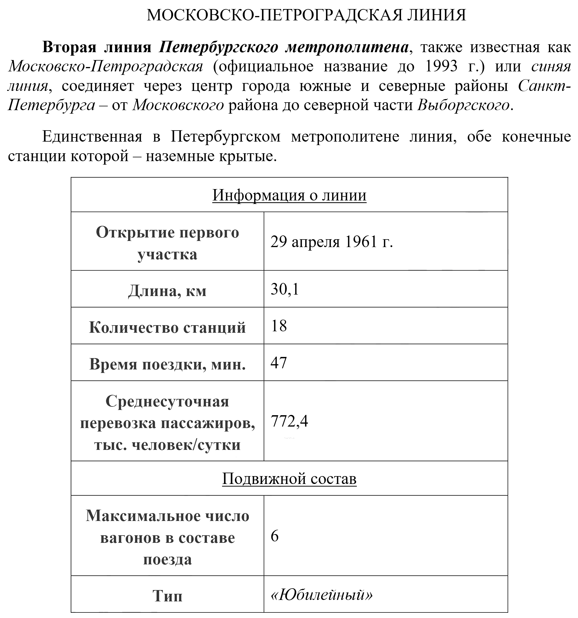 Образец документа: заголовок «МОСКОВСКО-ПЕТРОГРАДСКАЯ ЛИНИЯ», два абзаца с полужирными и курсивными словами и таблица из двух столбцов с подчёркнутыми строками-разделами «Информация о линии» и «Подвижной состав»